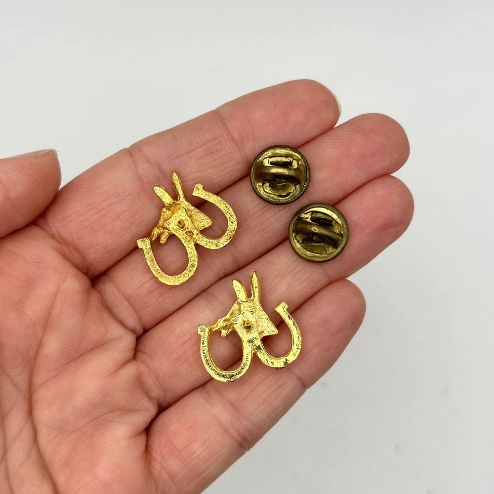 Vintage Gold Tone Donkey Head Horseshoe Lapel Pins Tie Pin Republican Patriotic